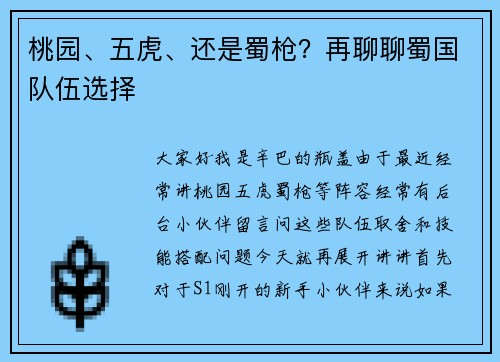 桃园、五虎、还是蜀枪？再聊聊蜀国队伍选择